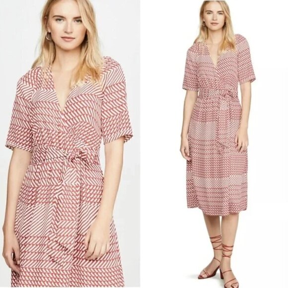 Joie Cata Wrap Dress 10 Midi Red Patchwork Pattern Stripe - Picture 12 of 15